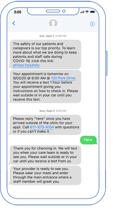 Pantalla de teléfono móvil con Philips Patient Manager que muestra los pasos necesarios para guiar a un paciente, empezando por la preparación previa a la cita