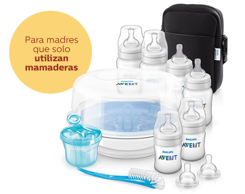 Productos b&aacute;sicos de alimentaci&oacute;n con biber&oacute;n: biberones, esterilizador a vapor Philips Avent